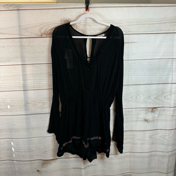 Lagaci Black Floral Print Embroidery Long Sleeve Romper Size XL - Picture 1 of 8